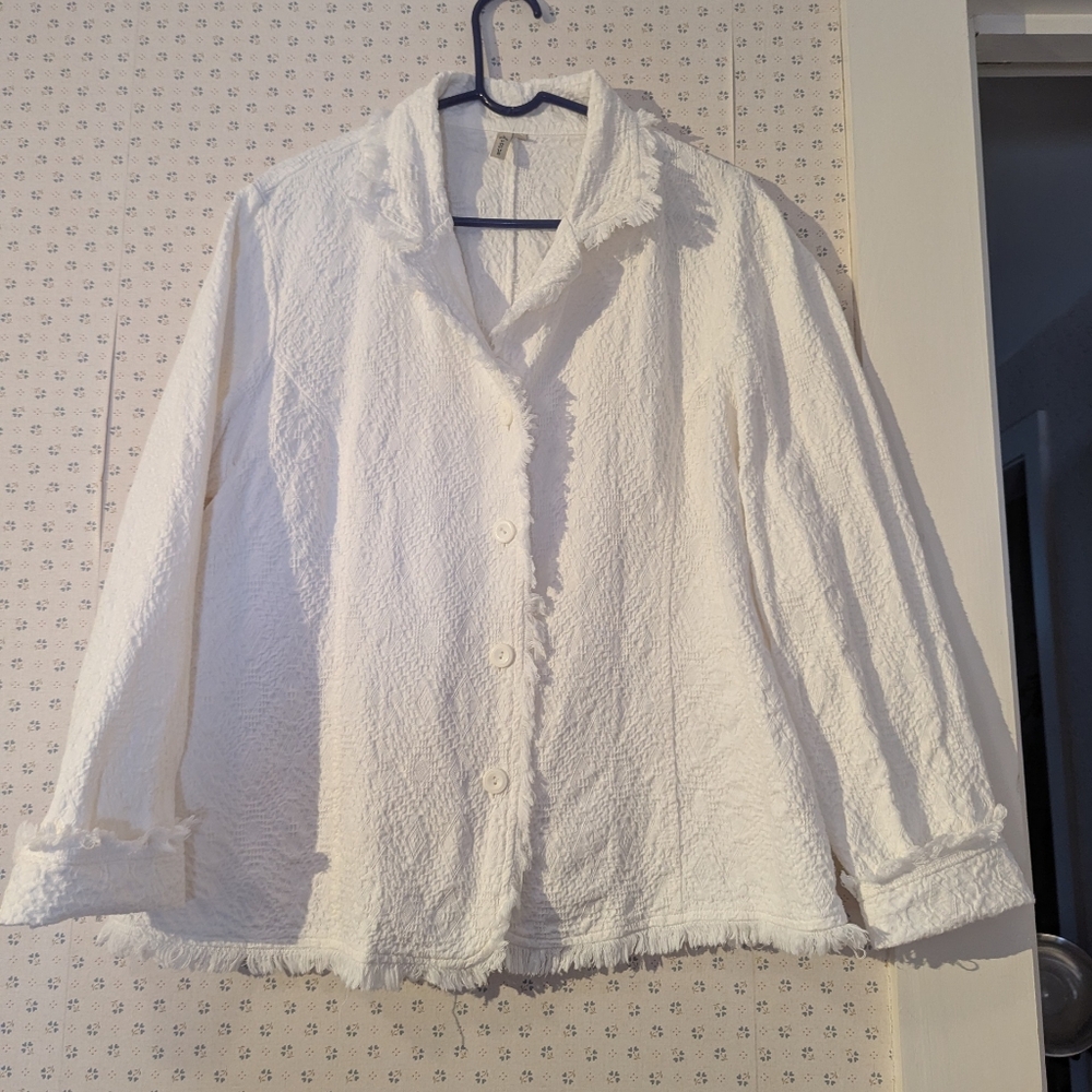 Focus Blazer Jacket Textured Women's L Button Up Fringed Summer White Cotton